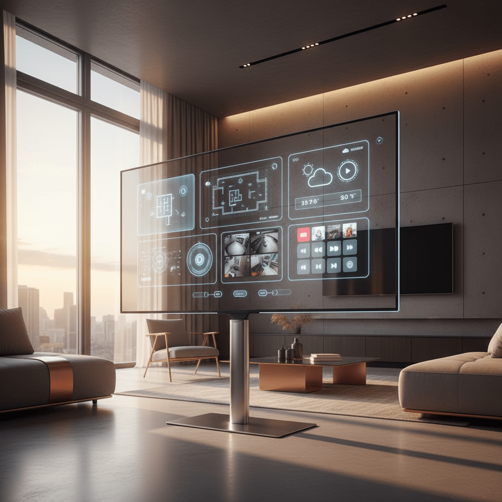 Futuristic smart TV with holographic icons in a modern living room bathed in golden light.