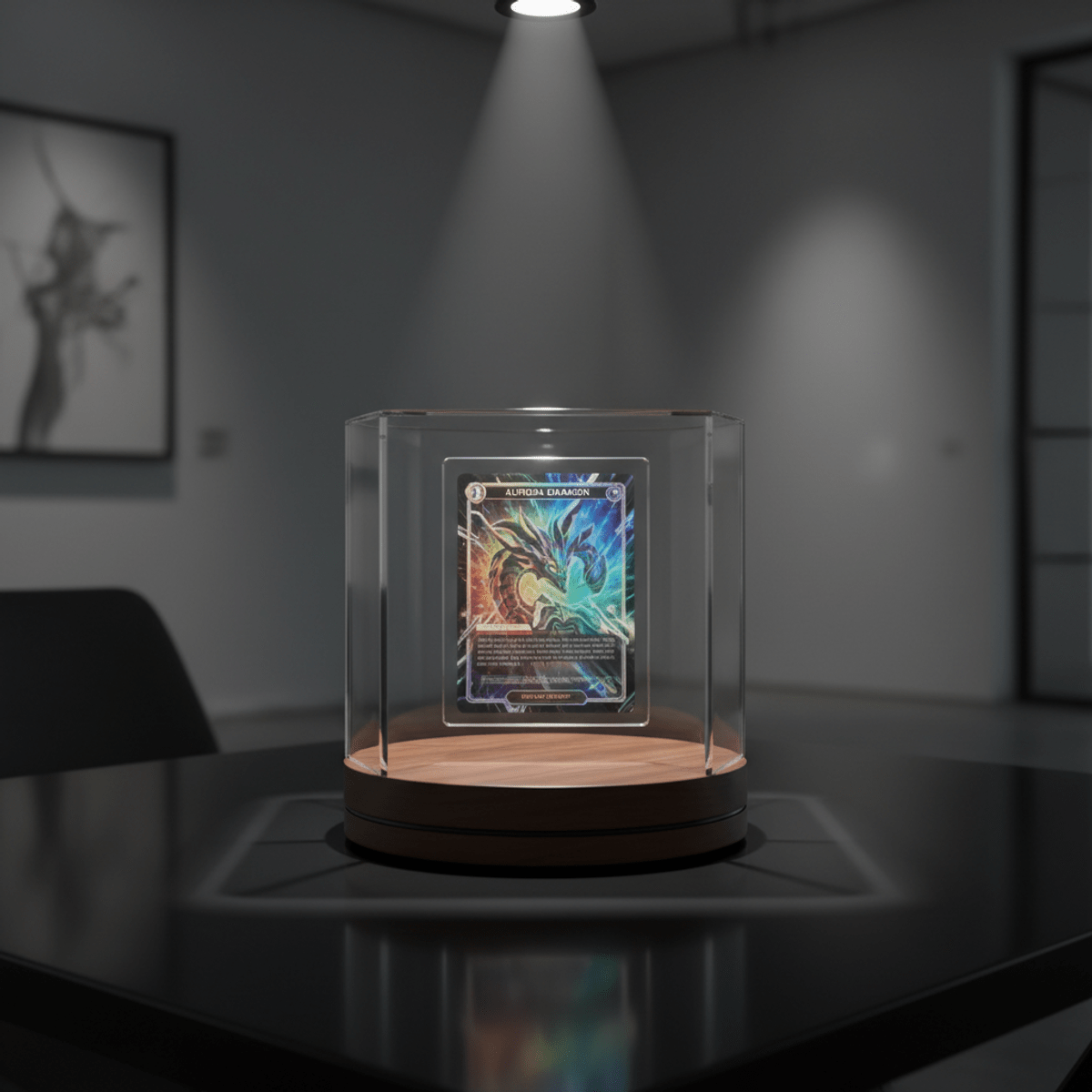 Rare holographic trading card slowly rotating in a clear acrylic display case.