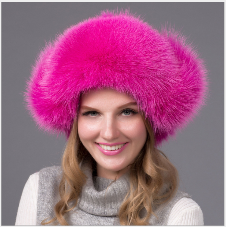 2019 New Pink Fluffy Genuine Fox Fur Hat Ladies Fur Hats With Ear