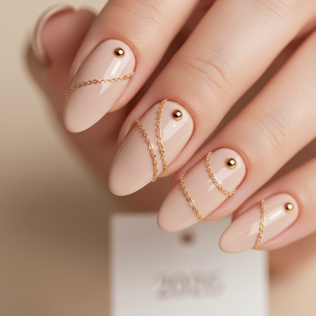 Trendy almond nail with nude base, gold stud, and delicate chain detail.