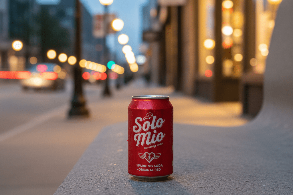 Red soda can placed alone on a weathered concrete bench in a city setting at twilight with warm streetlights and blurred background