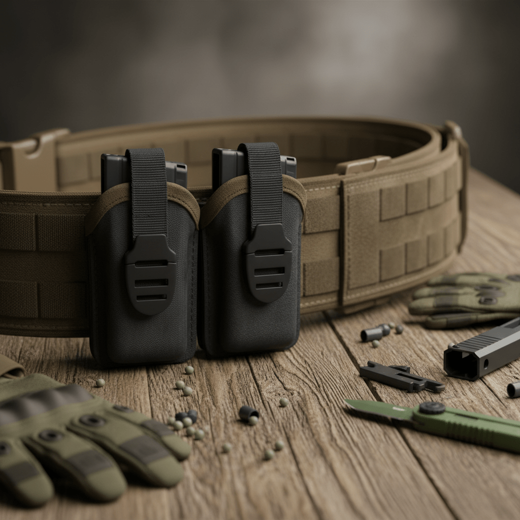 Close-up of a tactical airsoft battle belt setup with pistol magazine pouches.