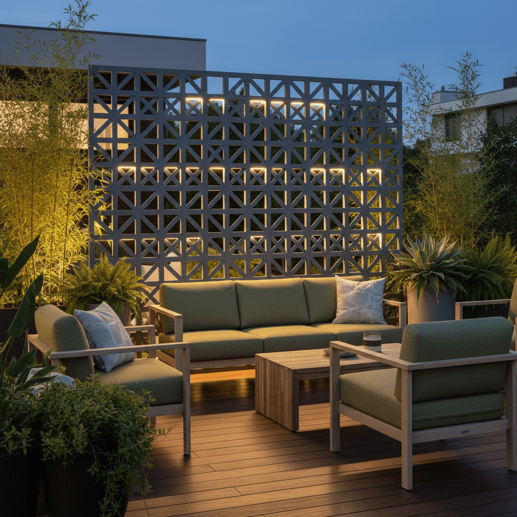 Modern patio privacy screen made of lattice with LED lights and geometric patterns.