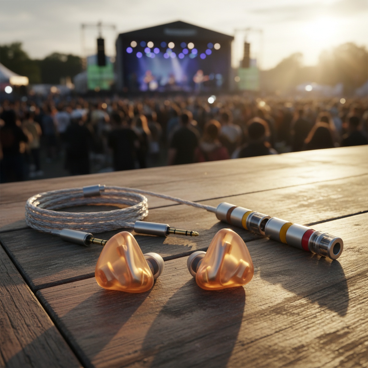 Futuristic earplugs with filters on a wooden desk, glowing in golden hour light.