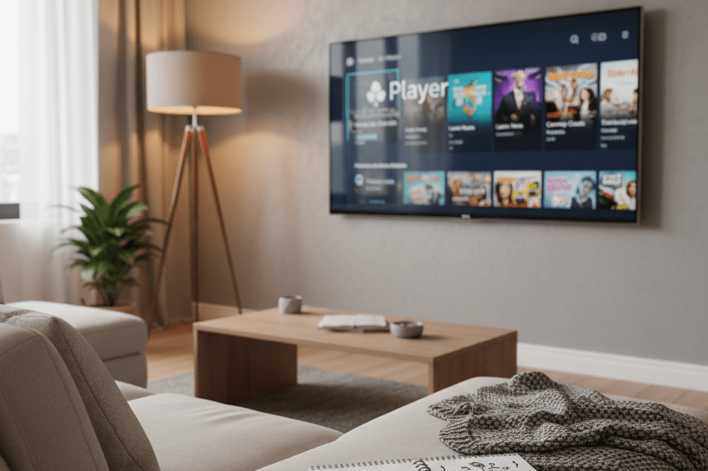 Cozy living room with smart TV displaying streaming service under warm ambient lighting, reflecting relaxed viewer experience