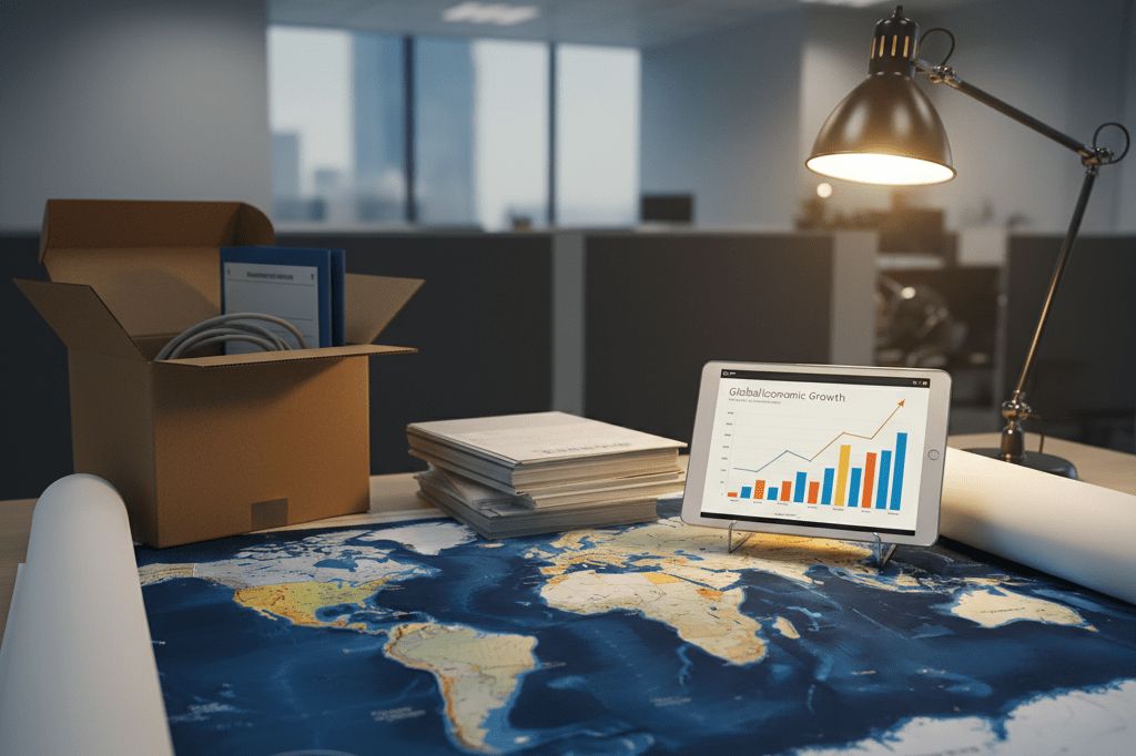 Professional desk with offshore territory map and reports under warm light symbolizing global oil auction strategy