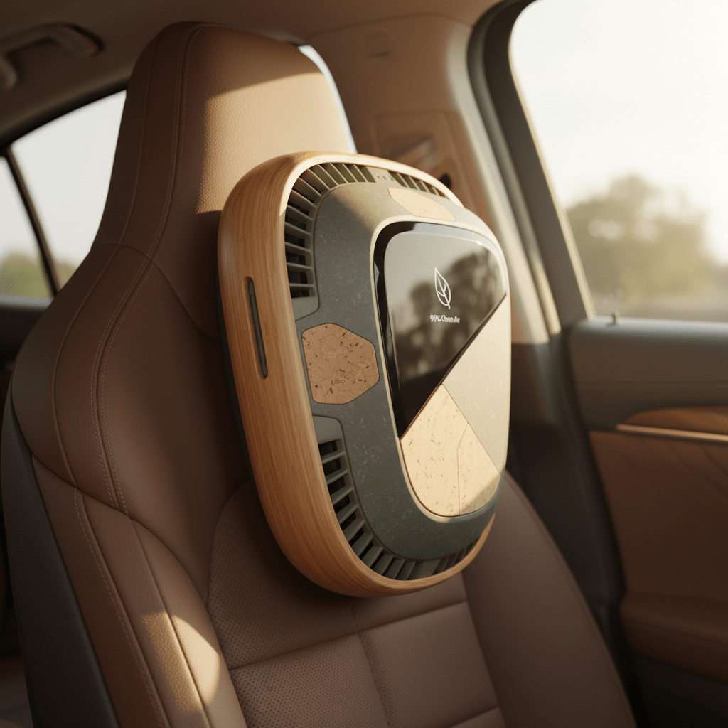 Eco-conscious car air purifier with bamboo and recycled plastic in a car interior.