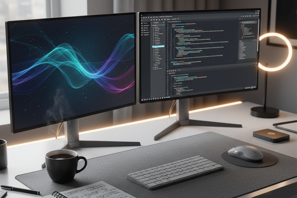 Desk with dual monitors showing analytics dashboards under natural light, symbolizing advanced tech-enabled content creation