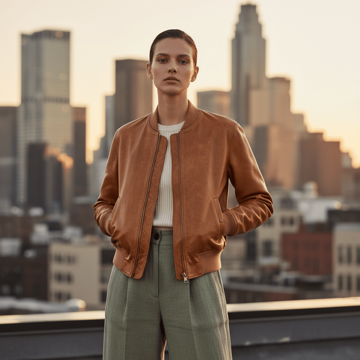 Unisex mushroom leather bomber jacket with subtle patina on a city rooftop.