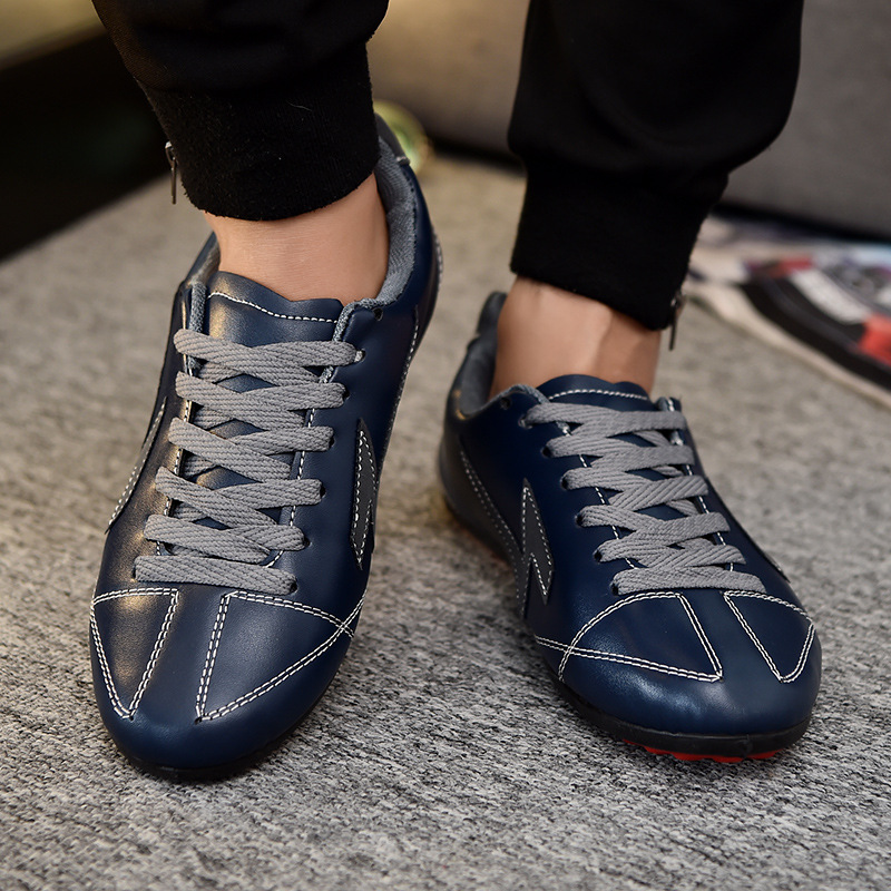 Factory black blue color pu leather flat casual men running shoes