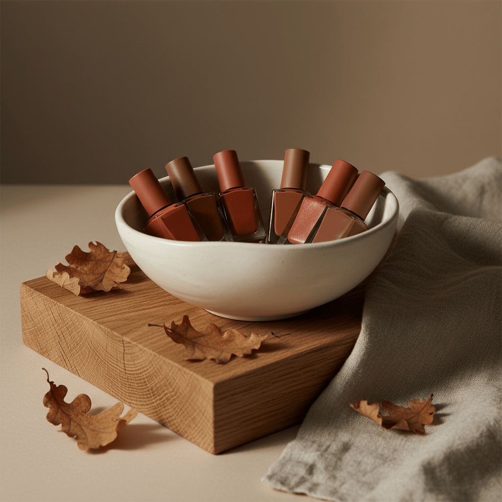 Minimalist still life of ceramic bowl with earthy nail polish bottles on wood.