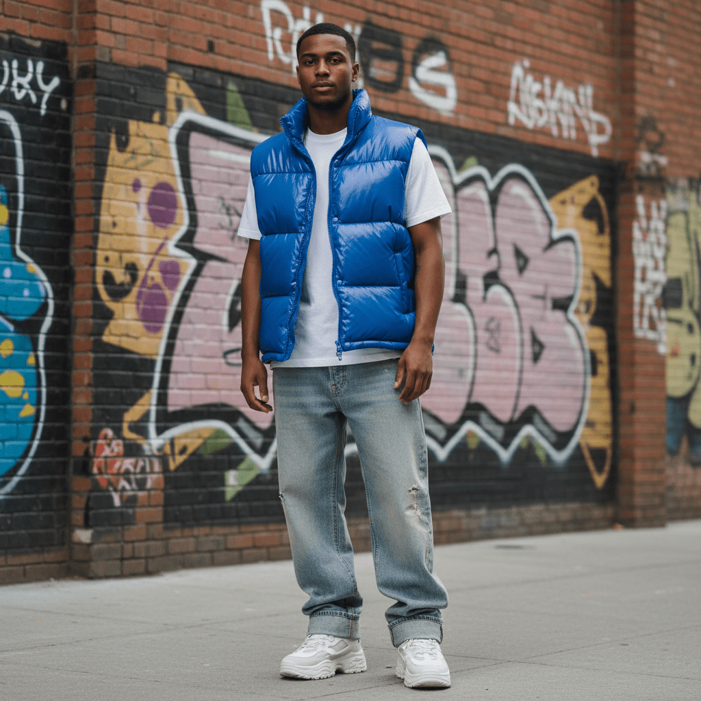 Model in electric blue puffer vest and denim, inspired by 2000s hip hop fashion.