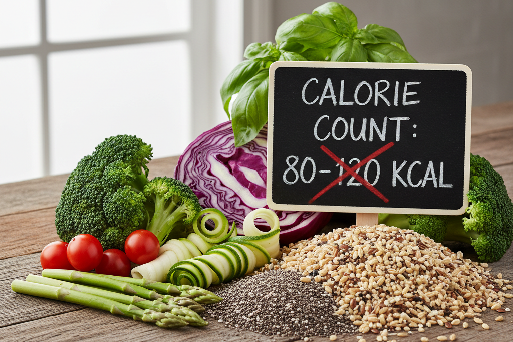 Fresh vegetables and grains beside a chalkboard showing calorie count discrepancies under natural lighting