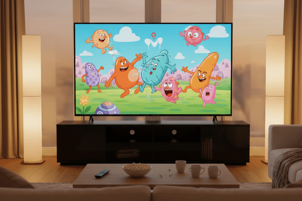 Cozy living room with TV showing generic animated comedy for binge watching Television displaying colorful cartoon comedy in a warmly lit living room, symbolizing successful streaming release