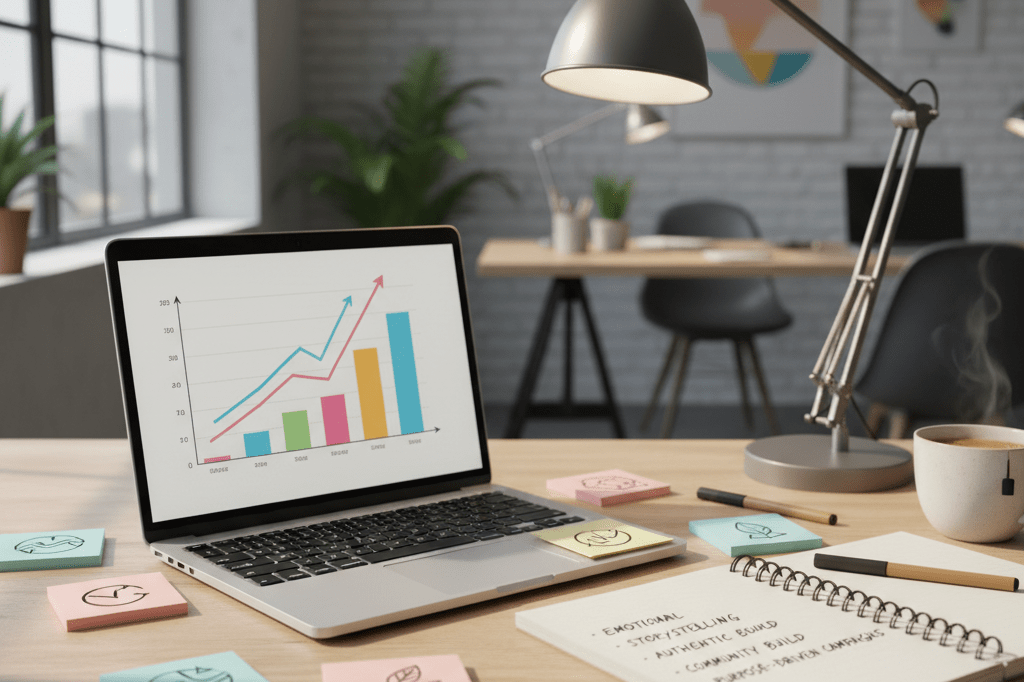 Marketing agency desk with analytics graphs, notebooks, and warm lighting emphasizing customer relationship building