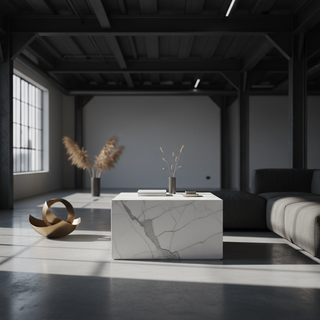 Minimalist monolithic coffee table in polished Carrara marble with grey veining.