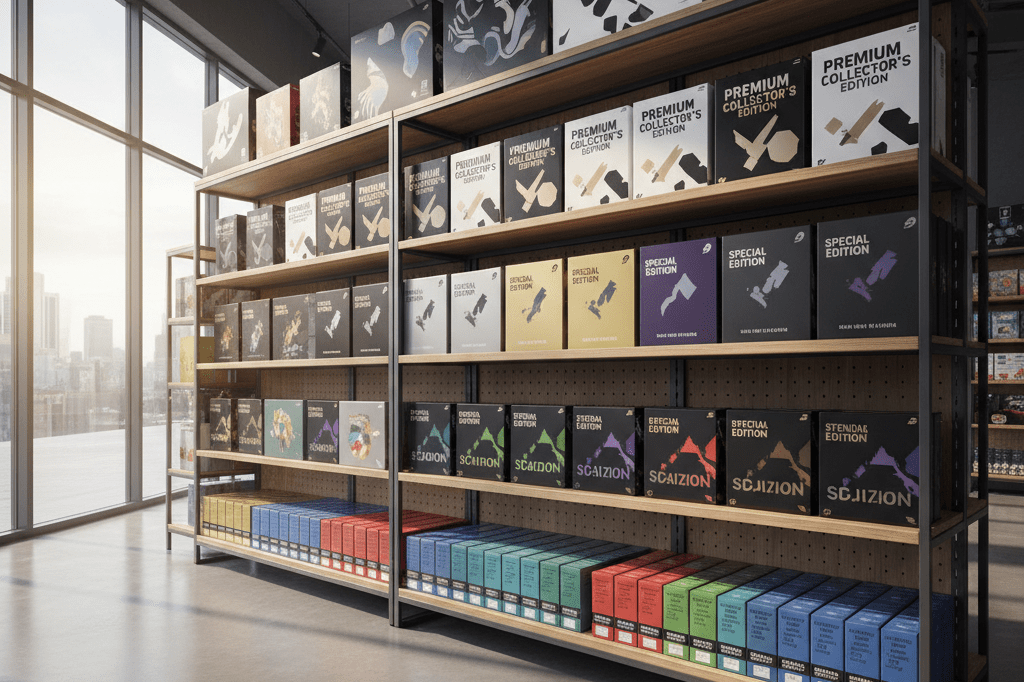 Retail shelf showcasing tiered video game box sizes reflecting varied pricing strategies under natural lighting
