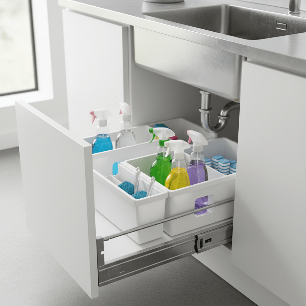 Modern kitchen drawers with integrated caddies and slots under a sleek sink.