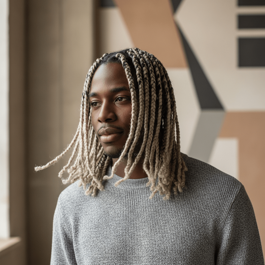 Black male with rope twists, natural black to platinum blonde gradient hair.