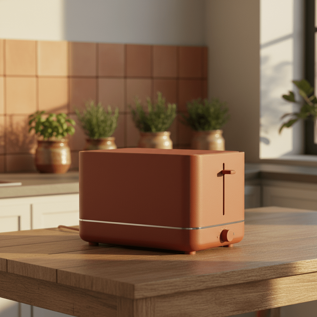 Minimalist terracotta sandwich toaster with matte finish on wooden island.