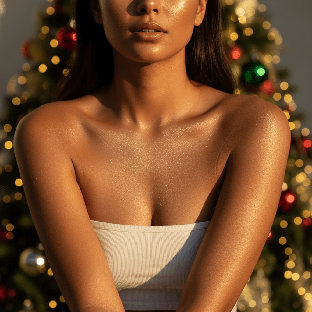 Model's skin glows with warm bronze tones and pearlescent shimmer in golden hour light.