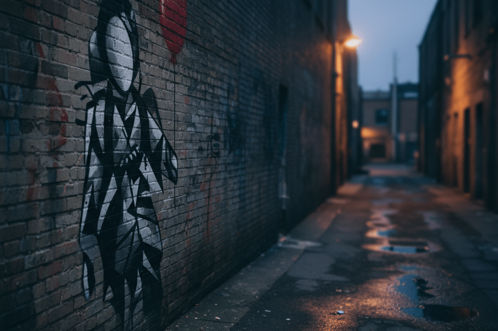 Partially obscured stencil artwork on brick wall with balloon motif, subtly lit by distant streetlamp