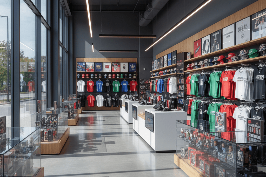 Interior view of a sports merchandise shop highlighting shelving, displays, and limited-edition items under natural light