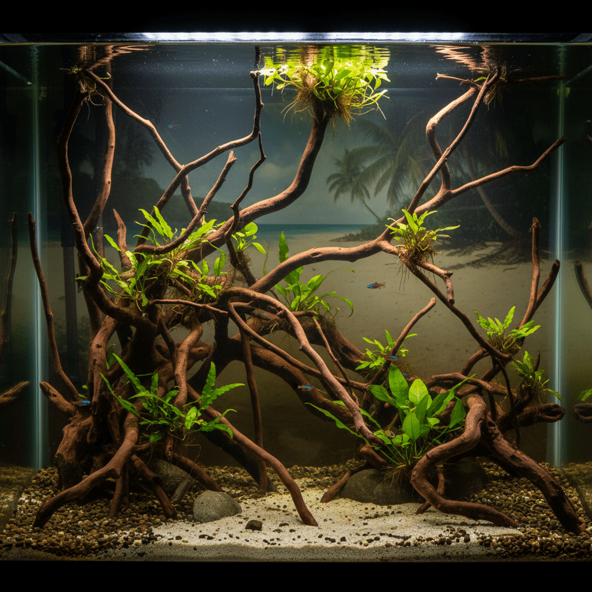 Realistic tropical mangrove biotope aquarium with driftwood, sand, and aquatic plants.
