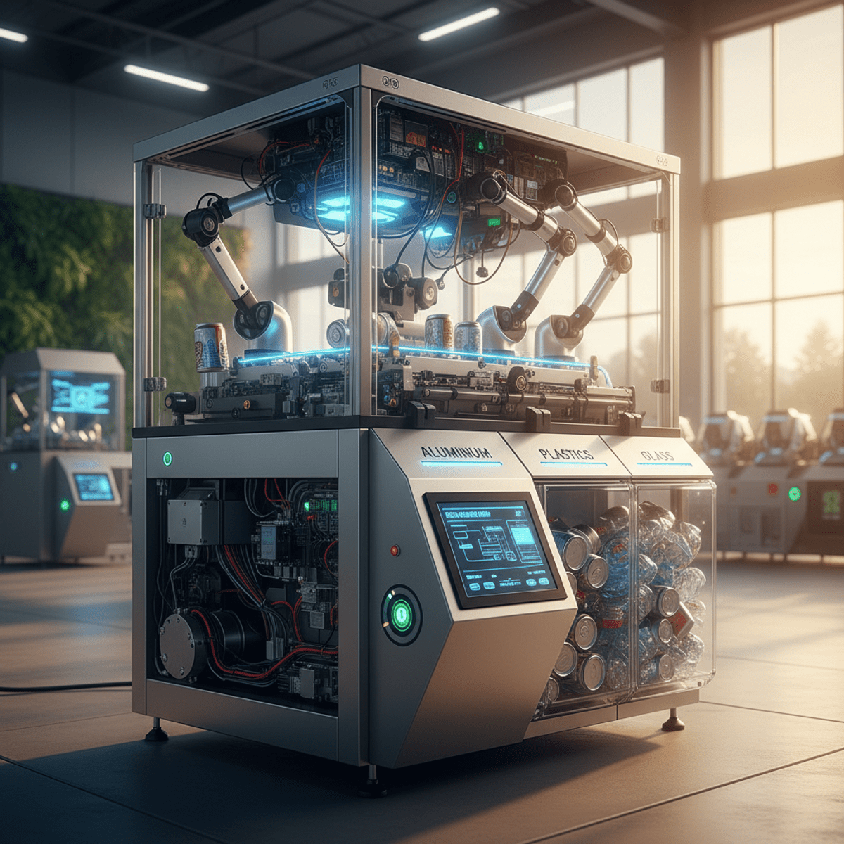 High-tech electric can crusher with translucent panels showing automated recycling process.