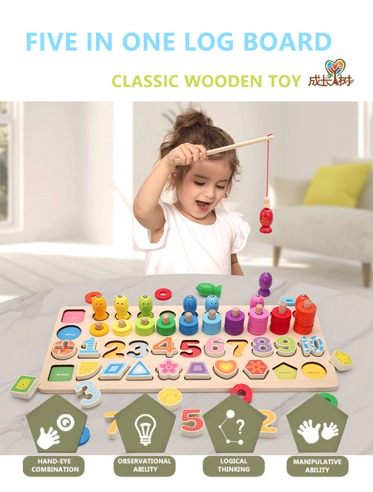 Wholesale Colorful Montessori Five-In-One Wooden Fishing Digital Shape Matching Toys New Design Kids Early Educational Toys