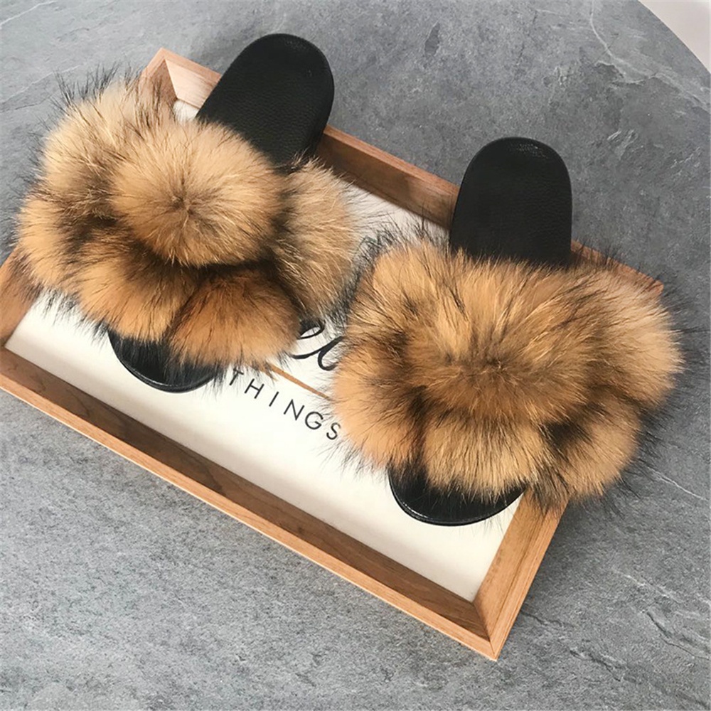 2021 New Fashion Women's Sandals Women Raccoon Fur Pvc Soft Sole Multicolor Fox Fur Pompom Fur Slides
