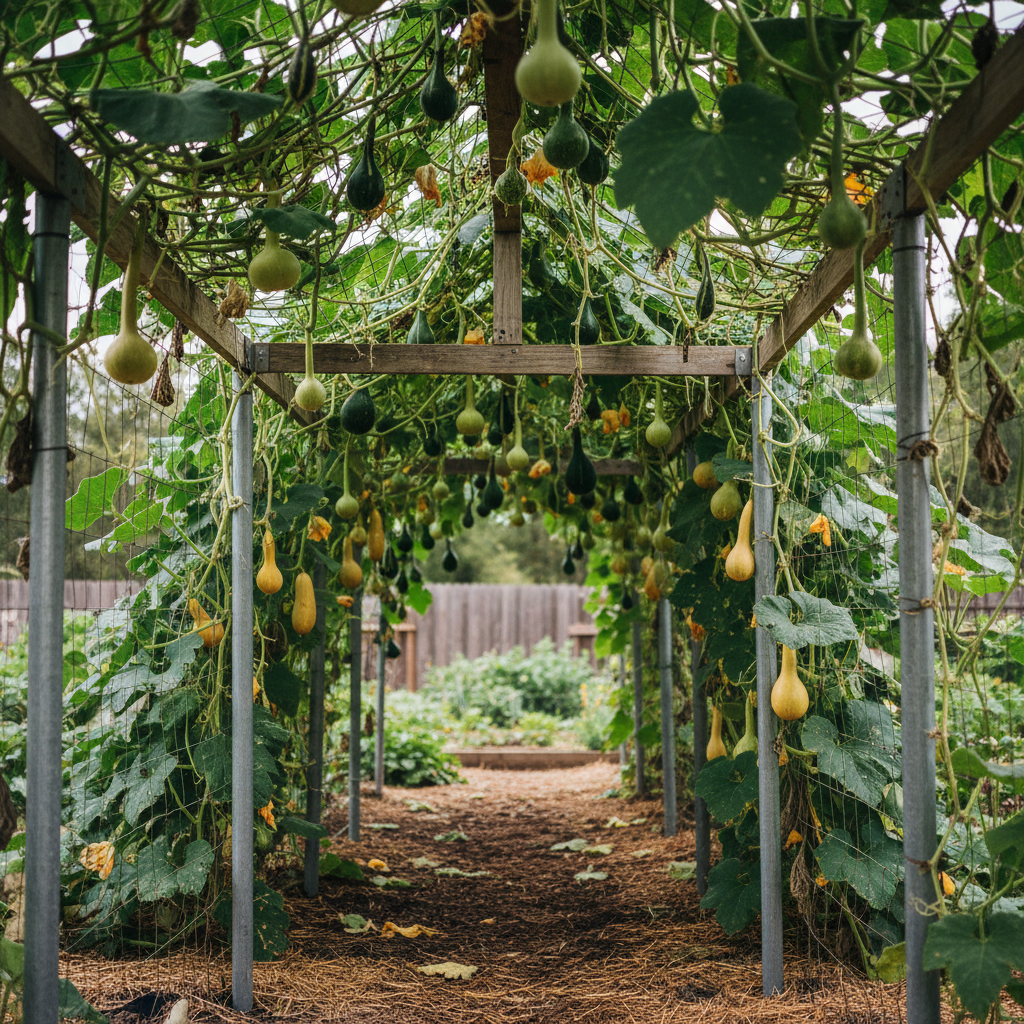 A lush vertical garden archway overflowing with climbing winter squash and bottle gourds.