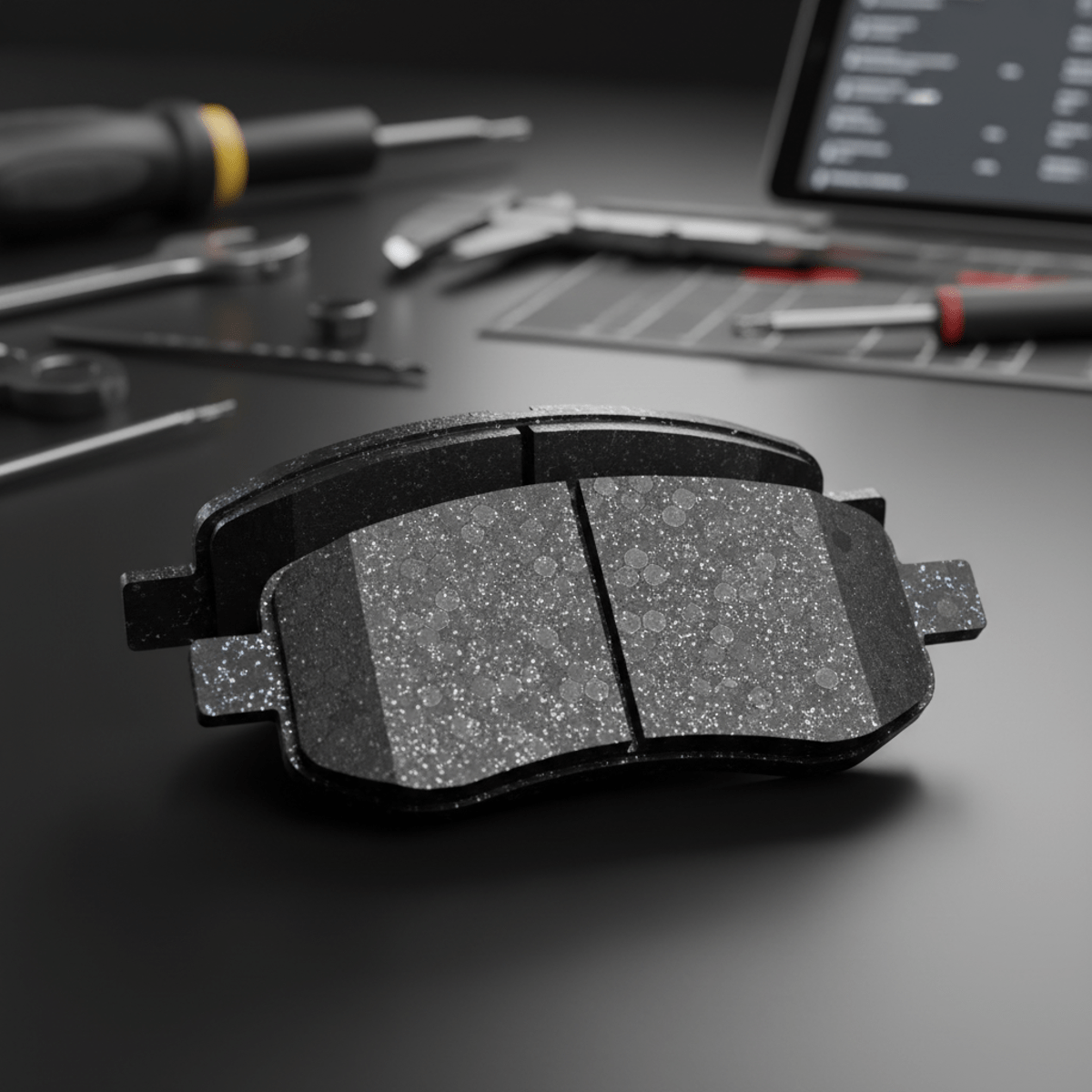 Close-up of graphene-enhanced truck brake pad with metallic flecks and detailed textures.