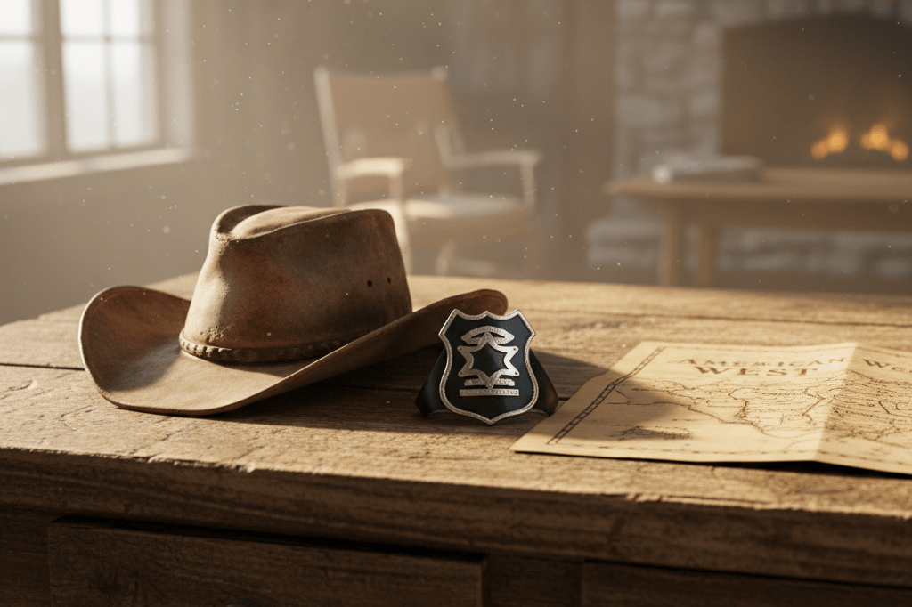 Weathered cowboy hat and modern badge on wooden desk under natural light, representing brand evolution