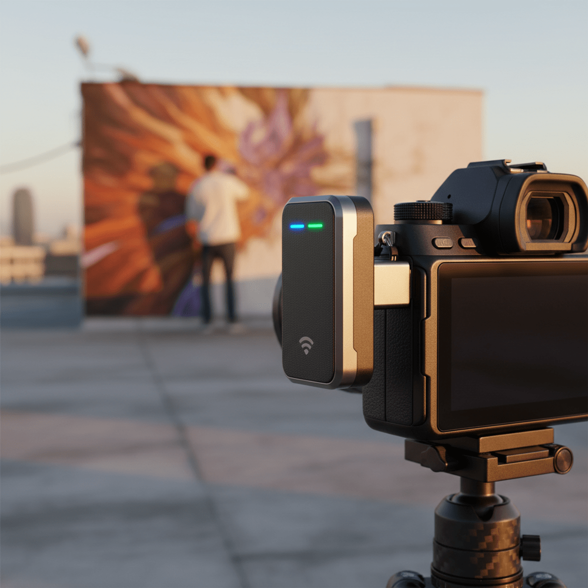 Matte black high-tech dongle with LED indicators attached to a camera on a tripod.