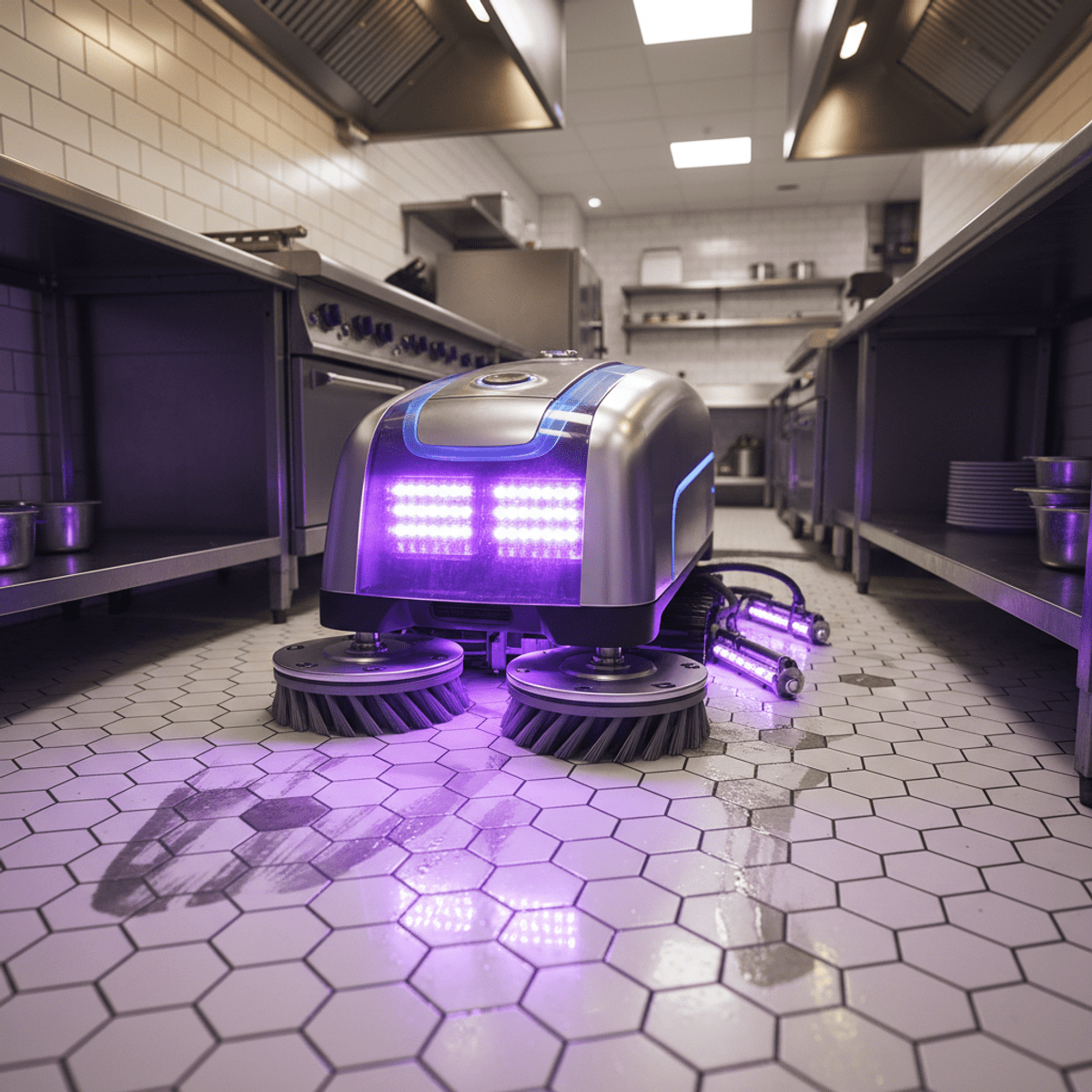 Advanced tile cleaning machine in a modern kitchen. Futuristic tile cleaner with UVC emitters in a commercial kitchen.