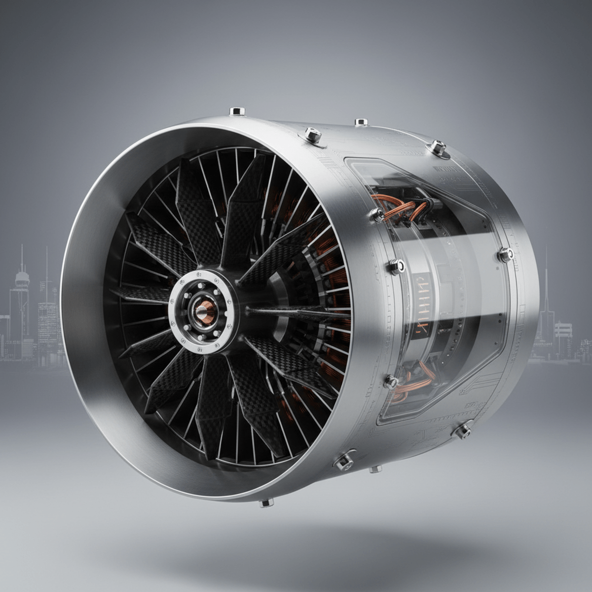 Futuristic eVTOL ducted fan propulsion system Close-up of a futuristic eVTOL ducted fan propulsion system in matte titanium.