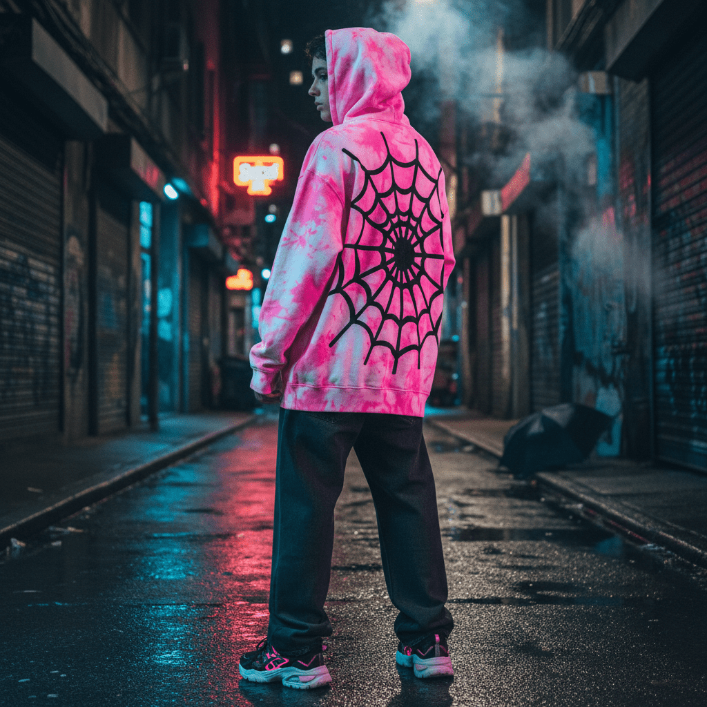 Streetwear model in acid-wash hoodie with neon pink marble and spiderweb graphic.