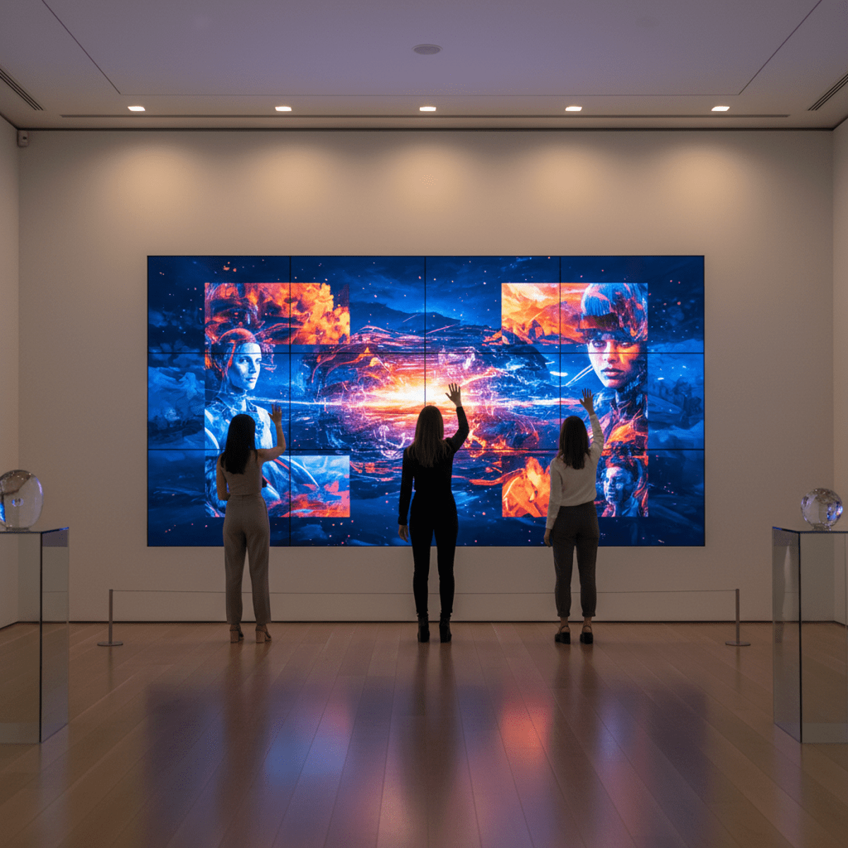 Visitors interact with an ultra-high resolution NFT collection on a large TV in a modern art gallery.