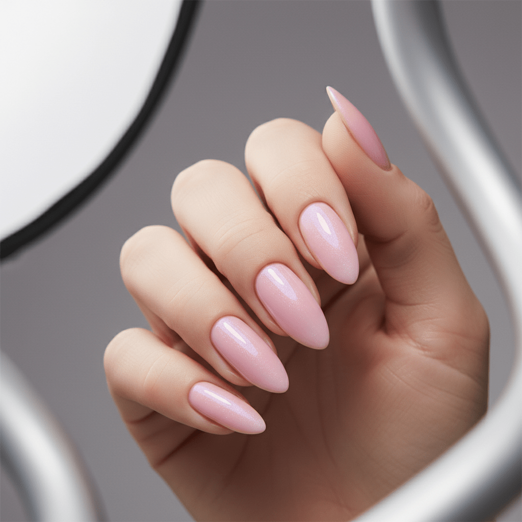 Close-up of ethereal pink nails with pearlescent shifts reflecting light.
