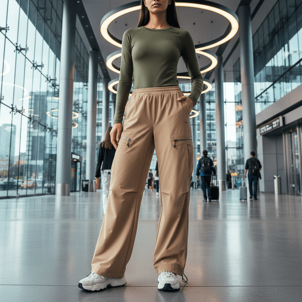 Model wears beige tech-utility palazzo pants and olive top in modern transit hub.