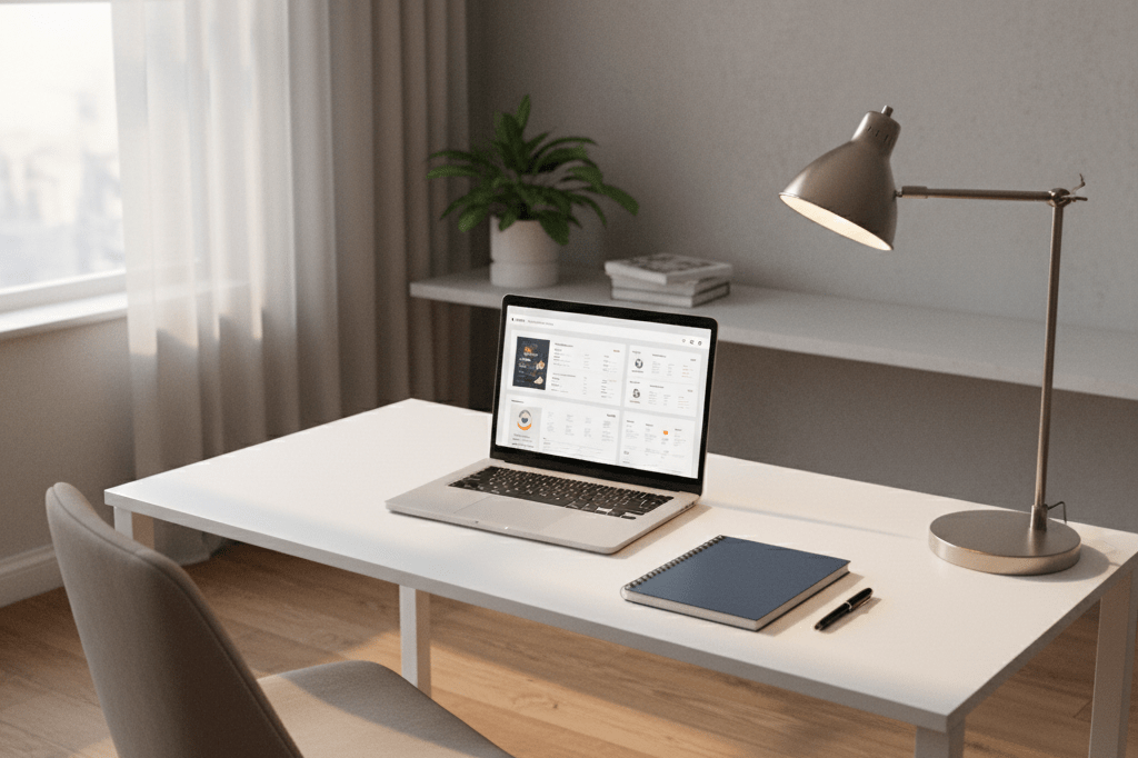 Desk with laptop showing e-commerce dashboard, softly lit by window and desk lamp, emphasizing remote work tools