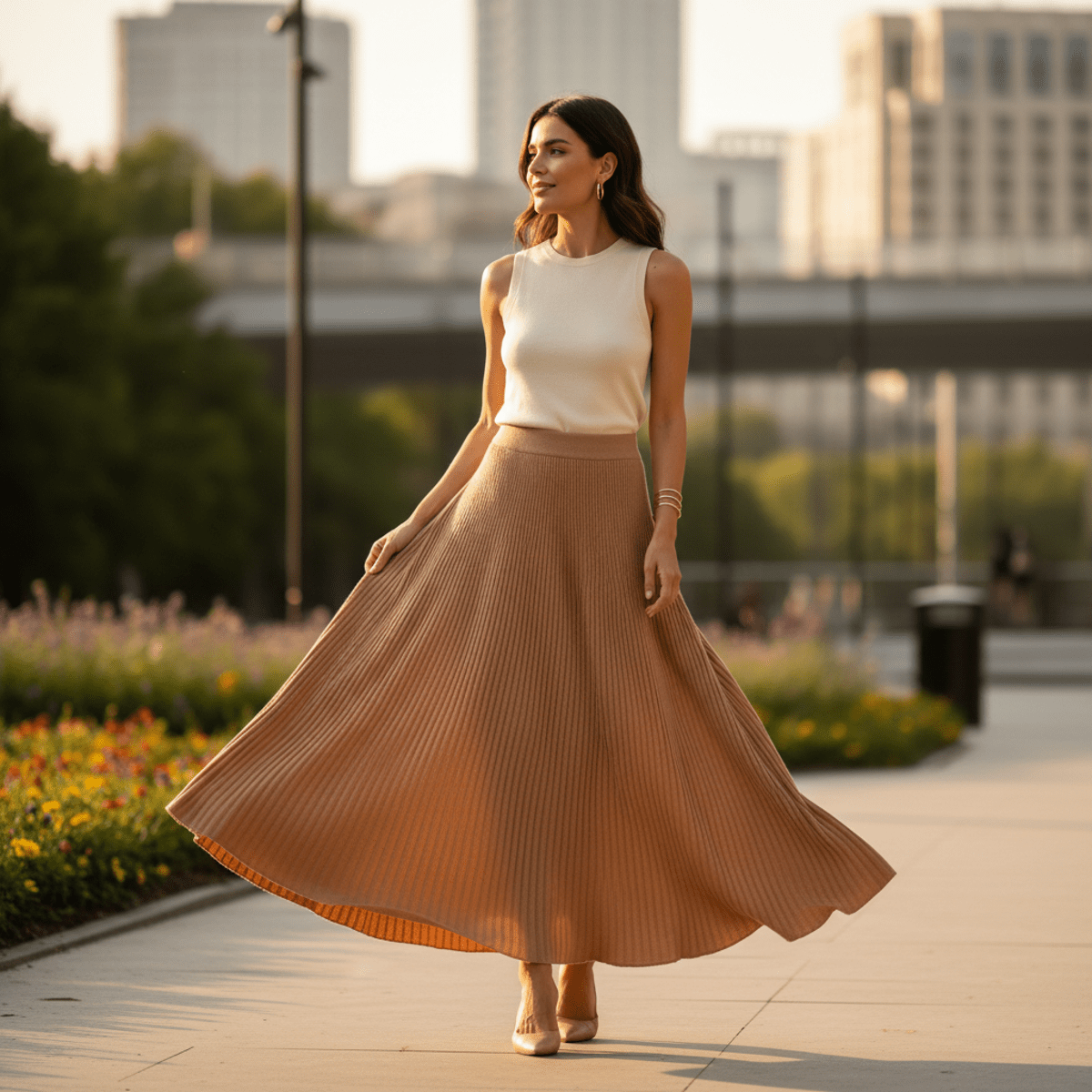 Model in motion wearing a puffy ribbed knit maxi skirt in warm oatmeal tone.