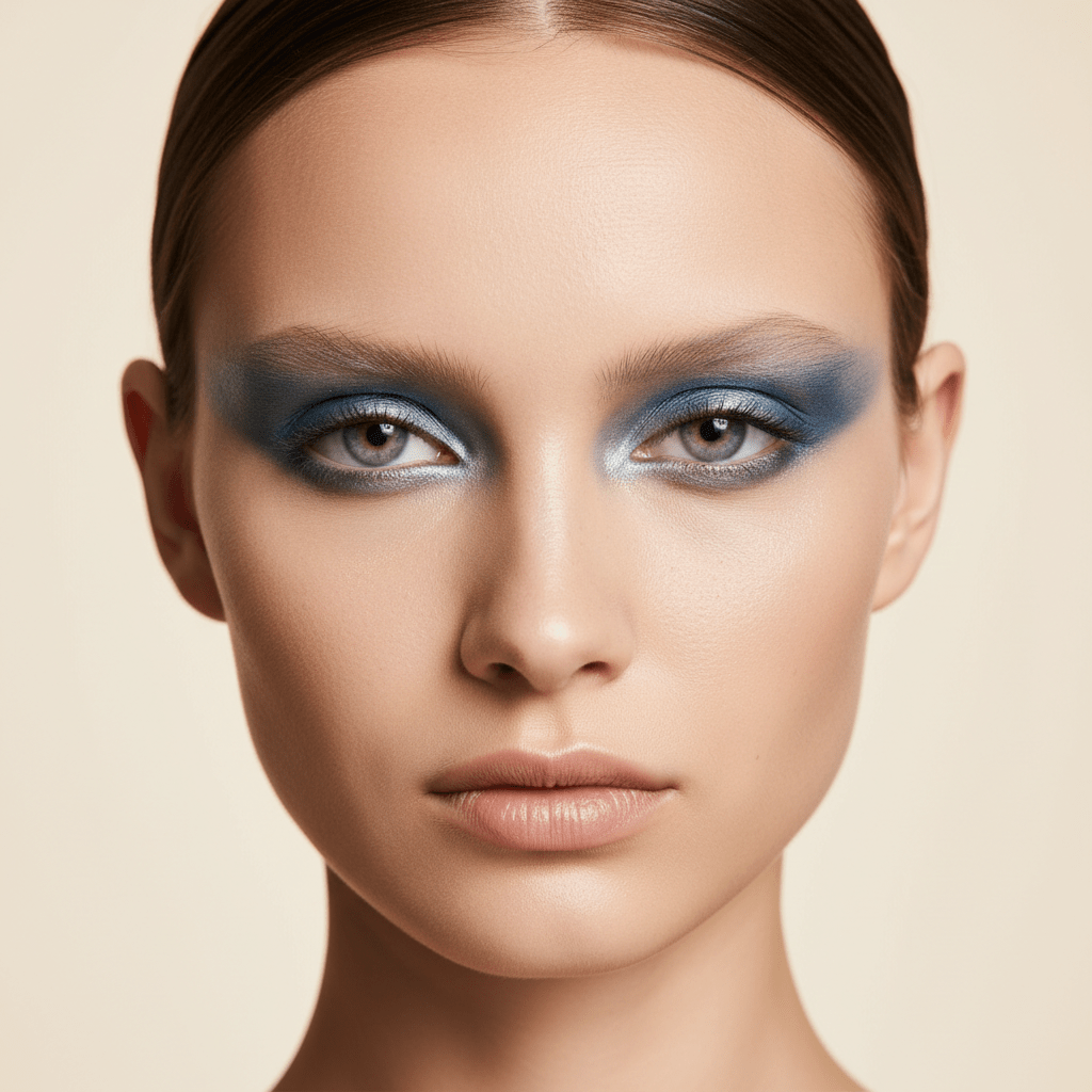 Model with pale blonde eyebrows and bold metallic eye makeup on smooth skin.