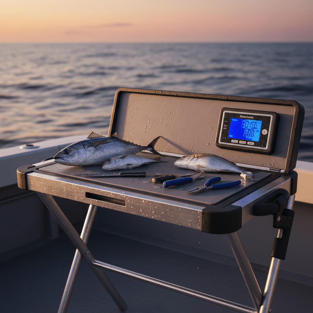 Advanced fishing table with built-in scale on a sea deck, polished composite, read in sunlight.