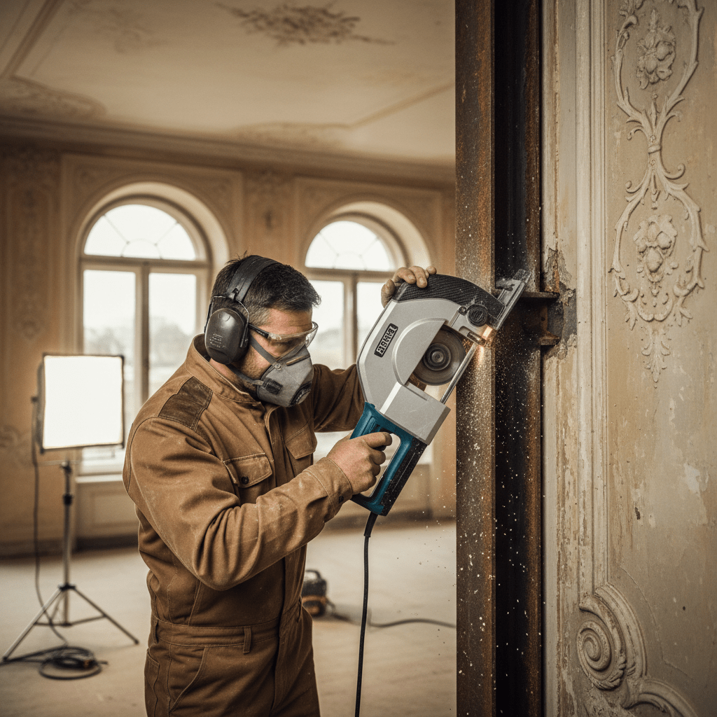 Professional contractor precisely cuts steel beams with a portable band saw during renovation.