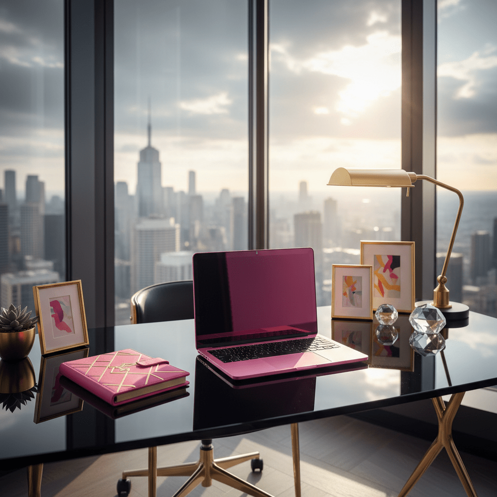 Sleek hot pink laptop on a glossy desk in a luxurious office with city view.