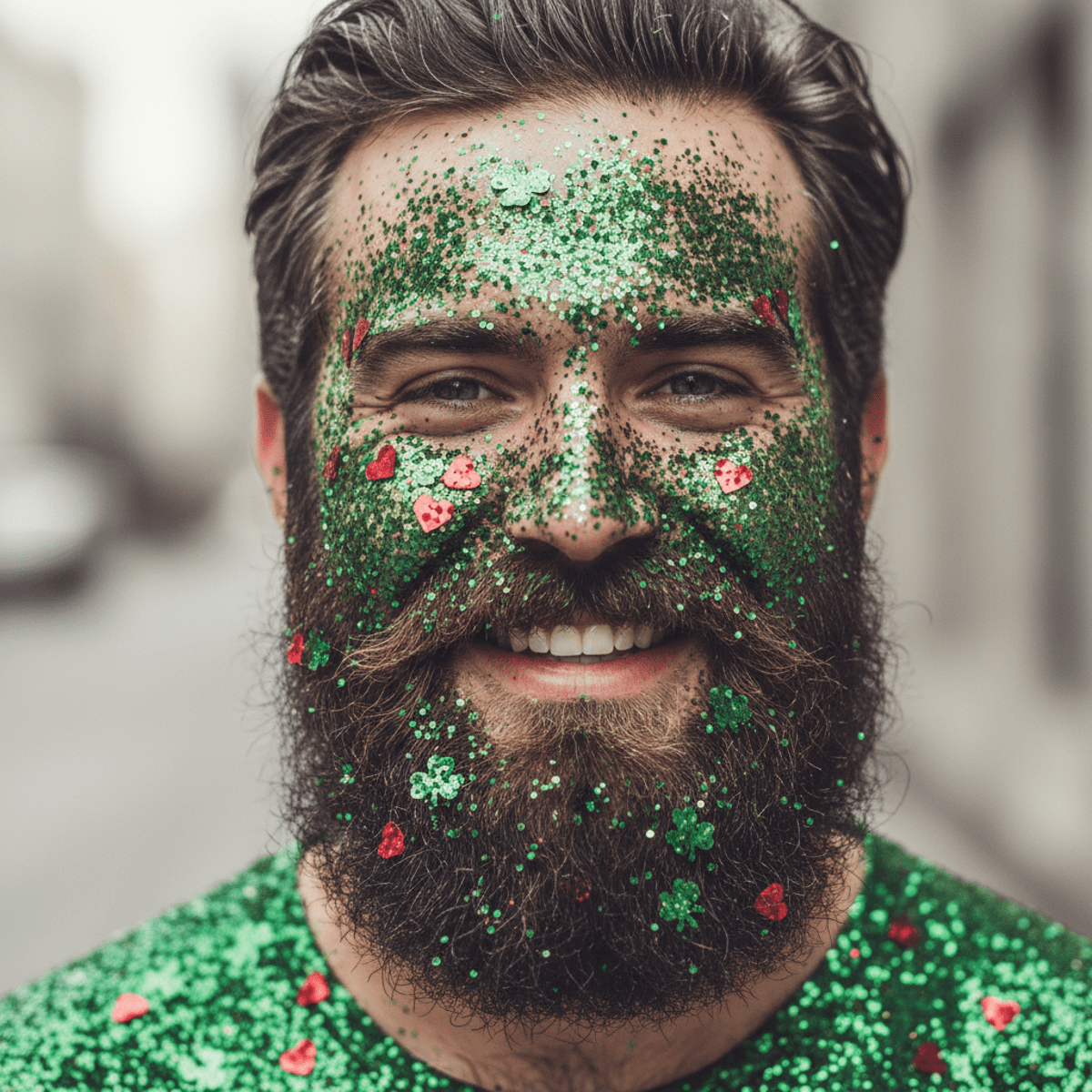 Man with a festive glitter beard adorned with shamrock and heart confetti.