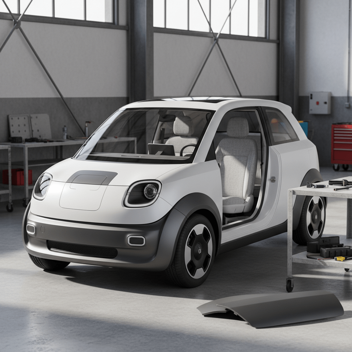 Compact, affordable electric hatchback with modular design in a workshop.