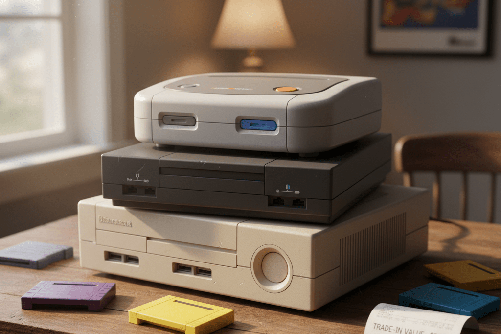 Close-up view of vintage gaming consoles and cartridges lit by natural window light, evoking nostalgia